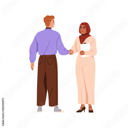 Business partners handshake. Man and Muslim woman in hijab greeting, shaking hands, meeting for professional agreement and communication. Flat vector illustration isolated on white background