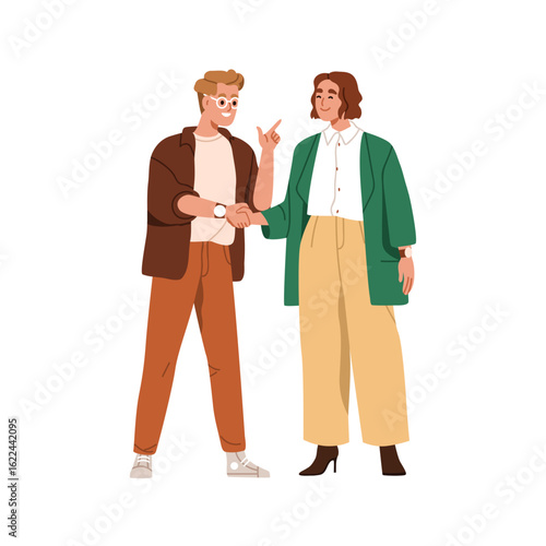 Handshake between man and woman, business partners and friends. Deal, agreement concept. Professional communication. Colleagues shaking hands. Flat vector illustration isolated on white background