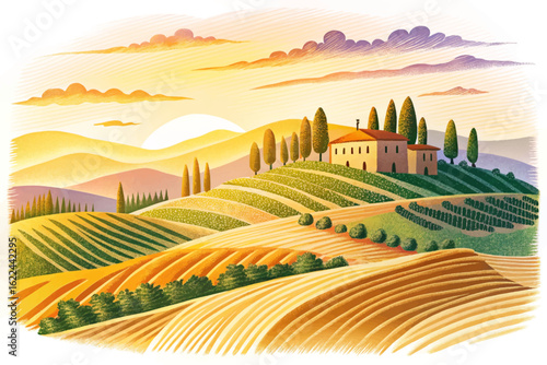 Golden Tuscany hills with vineyards, cypress trees, and sunlit villas rustic Mediterranean charm banner illustration for wine tourism and landscape branding