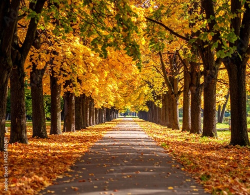 Auntum park alley with tall trees and vibrant orange foliage, fallen leaves covering the pathway, serene and atmospheric fall landscape