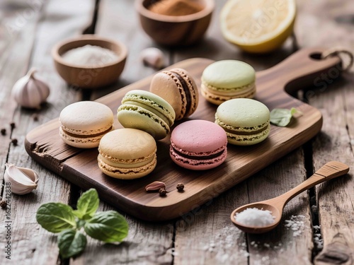 Top view of pastel-colored French macarons arranged on a wooden cutting board with rustic wooden background. Accompanied by natural ingredients like garlic, basil, salt, and lemon