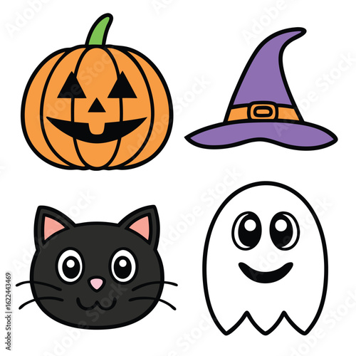 Halloween icons pumpkin cat ghost witch hat jackolantern