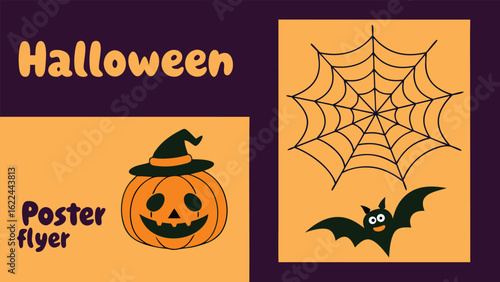 Halloween pumpkin bat spiderweb poster vector