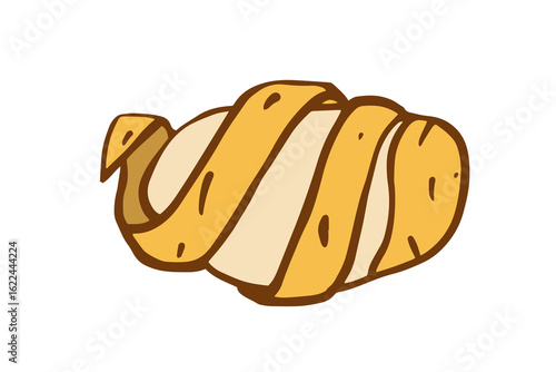 peeled potato with golden skin curling off on white background, for food packaging, menus, icons, and culinary digital branding. Color doodle illustration
