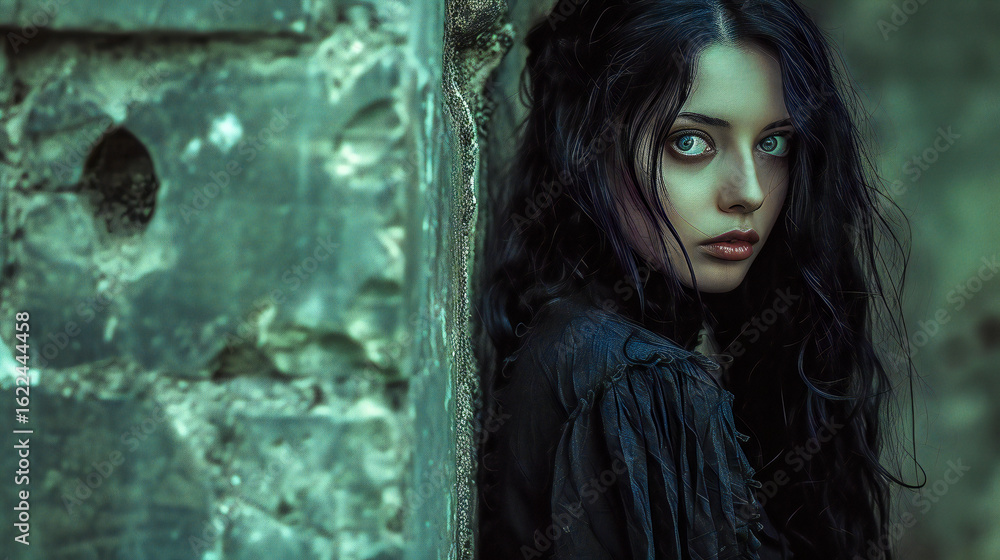 Obraz premium A young woman dressed in black in a room of an old castle, gothic atmosphere