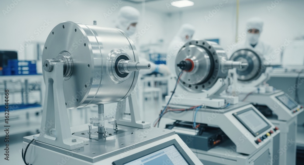 Fototapeta premium Precision engineering facility scene with uranium enrichment gas centrifuge rotors positioned for static and dynamic balancing before final assembly.