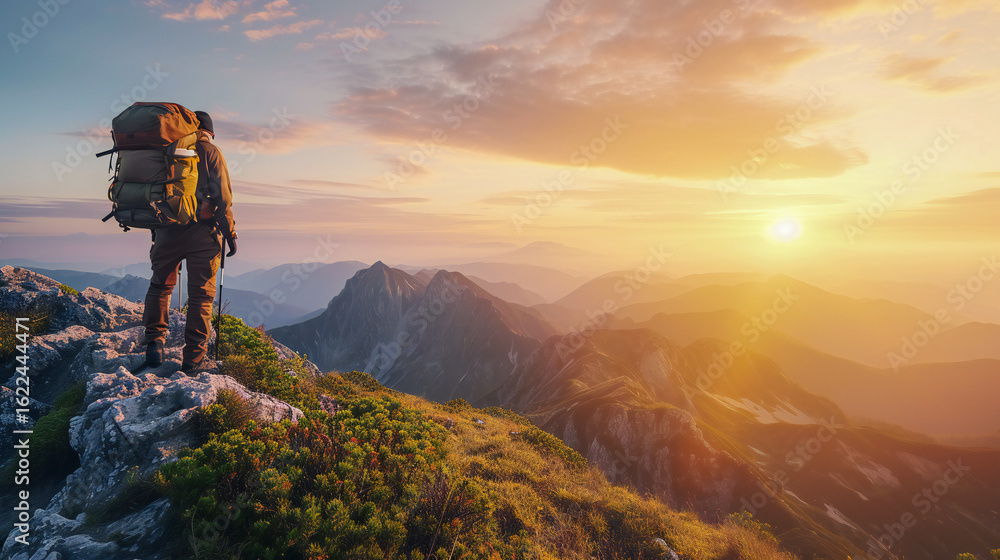 Obraz premium A man with a backpack sitting in a mountain setting, enjoying the panoramic view in the morning