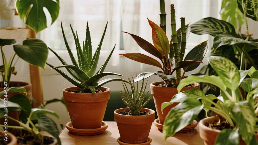 Fototapeta premium Bring the outdoors in with these vibrant potted houseplants, perfect for adding a touch of natural elegance and tranquility to any living space or office environment