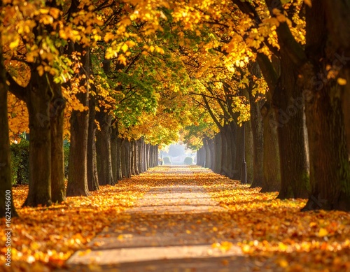 Auntum park alley with tall trees and vibrant orange foliage, fallen leaves covering the pathway, serene and atmospheric fall landscape