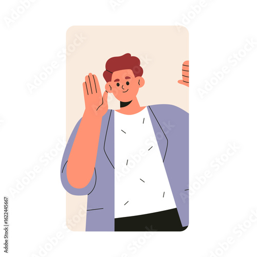 Man peeking out from behind wall, smiling and waving hand, greeting gesture. Happy friendly young male peeping, hiding, saying hi, hello. Flat vector illustration isolated on white background