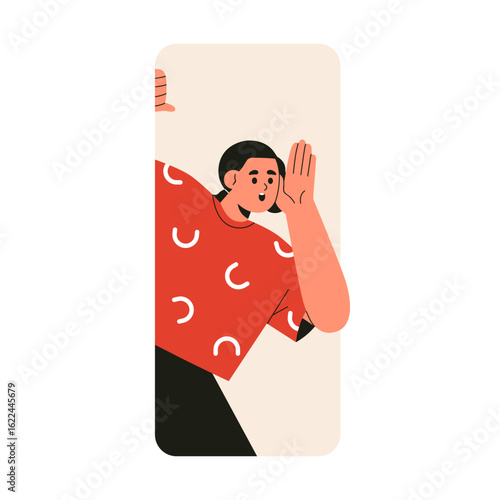 Woman peeking out from behind wall, calling with excited surprised emotion, hand at mouth. Female character peeping, looking, shouting, inviting. Flat vector illustration isolated on white background