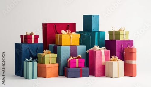 Colorful gift boxes and bags, various sizes and colors, arranged on a white background