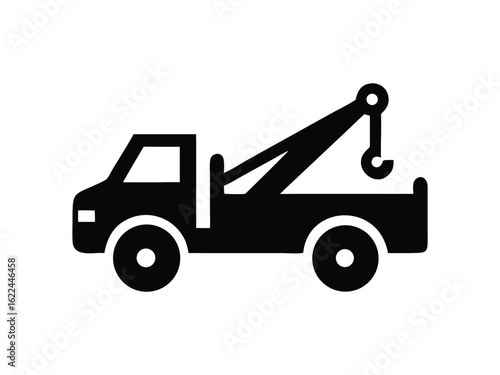 Simple black silhouette icon of a tow truck with a hook and boom on a white background