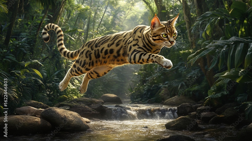 Naklejka premium Spotted cat leaping over a jungle stream with lush vegetation