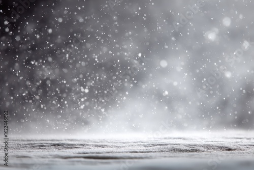 Snowy, dark background with a wooden surface