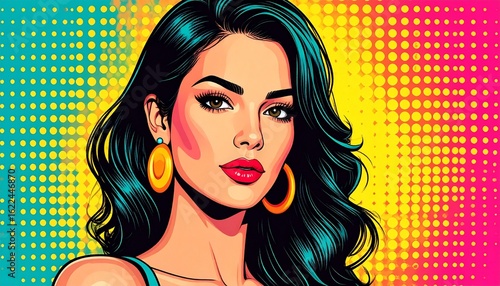 Stylized pop-art portrait of a young woman with vibrant background and dotted pattern, retro comic style