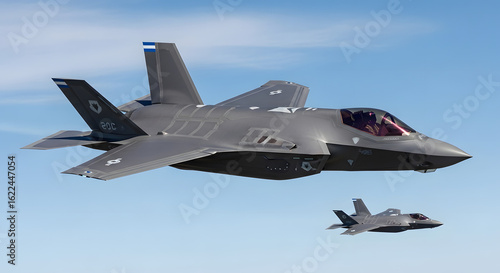 Two F-35 Lightning II stealth fighter jets flying in formation against a dramatic sky.