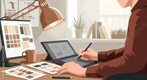 A professional graphic designer at a desk, creating a digital project on a tablet with a stylus in a modern office.