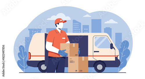 Illustration of a delivery man carrying parcels next to a cargo van with a city skyline in the background. E-commerce shipping concept.
