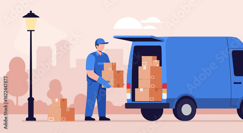 Professional mover or courier unloading packages from a delivery truck. Flat design vector concept for logistics and shipping services.