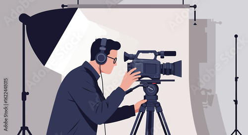 Professional cameraman operating a video camera on a tripod in a film production studio with lighting equipment.