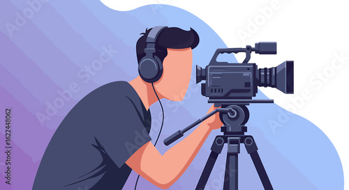 Video production concept with a professional cameraman filming. Vector illustration of a videographer with a camera and tripod.