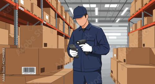 Warehouse worker using a handheld scanner for inventory management in a storage facility. Professional logistics vector illustration.