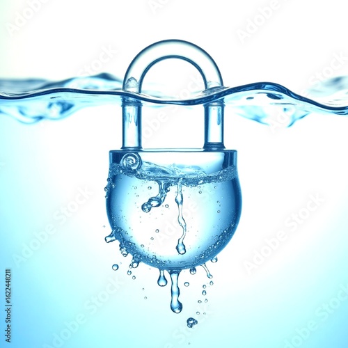 The waterproof lock is seen partially submerged in clear water. Water is splashing around the lock. The lock