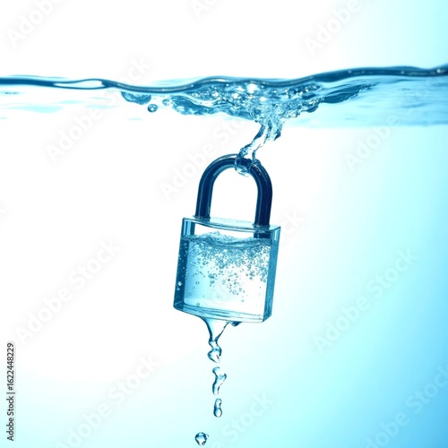 The waterproof lock is seen partially submerged in clear water. Water is splashing around the lock. The lock