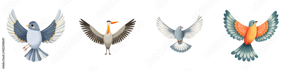 Fototapeta premium Bird Flight Collection - Four Unique Bird Illustrations in Soaring Poses