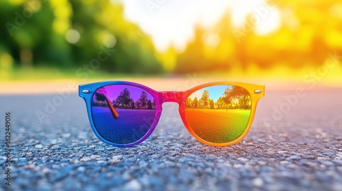 Wallpaper Mural Colorful sunglasses on asphalt, reflecting a park scene Torontodigital.ca