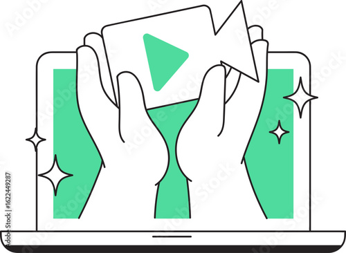 Hands Holding Video Camera Graphic on Laptop