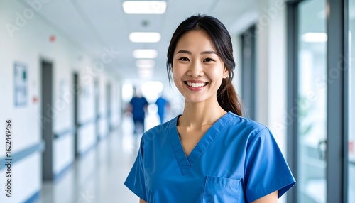 Smiling woman in scrubs stands in hospital hallway