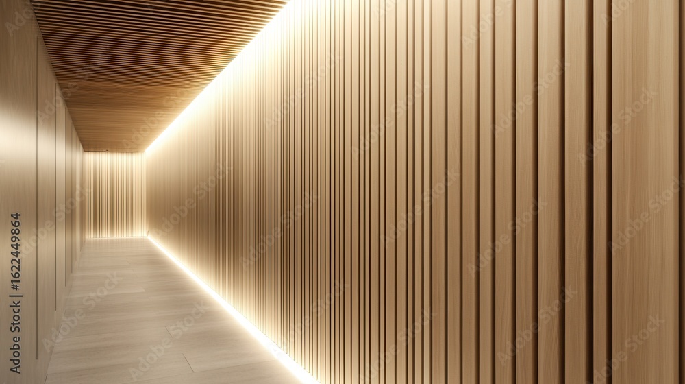 Obraz premium Modern wooden hallway with warm lighting.