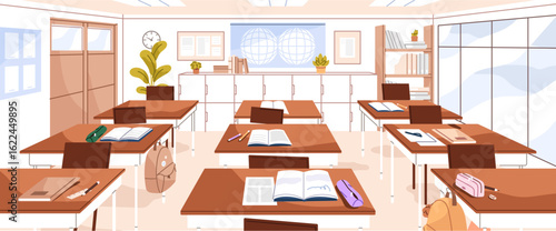 Empty classroom front view. Scene of blank class room with desks. School interior with tables for pupils. Students workplaces with stationeries, backpacks and open books. Flat vector illustration