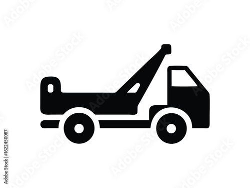 Simple black silhouette icon of a tow truck with a raised boom on a white background