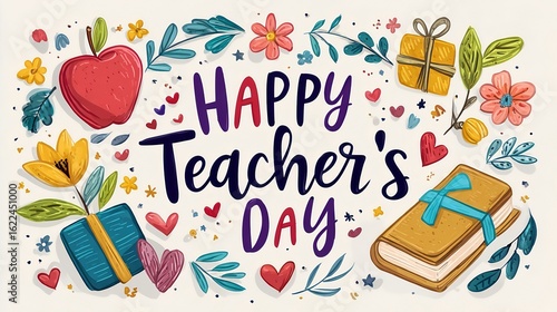 Happy Teacher's Day Illustration: Colorful Element Decoration for Festival Blessings, Conveying Education and Gratitude Atmosphere