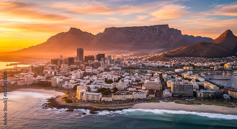Fototapeta premium Breathtaking aerial view of cape town s cityscape and coastline bathed in the warm glow of a golden sunset