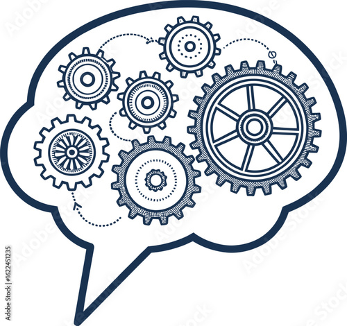 Mindful Mechanism: A conceptual image representing the intricate inner workings of the mind, featuring cogwheels and a thought bubble. This graphic highlights ideas, mental processes.