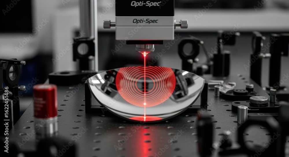 Fototapeta premium Laser interferometer system producing interference fringes over a concave mirror for surface contour evaluation.