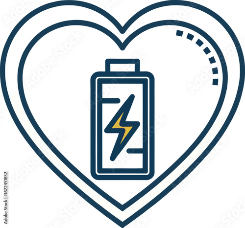 Love Battery: An icon of a heart-shaped outline containing a charging battery, full of energy, representing the concepts of passion, love, and vitality.