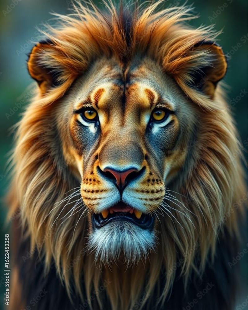 Obraz premium Macro Shot of Lion face Golden fur Mane, Blurred background Animal Portrait, Wildlife Photo, King Jungle Majestic Big cat Predator Mammal Wild Animals, Close-up Photography, Soft-focus detailed image