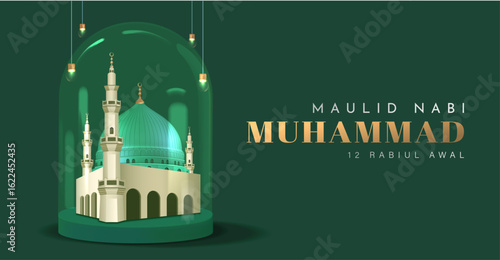 Translation : Happy Birthday of Prophet Muhammad. Milad un Nabi Mubarak Means Happy Birthday of Prophet Muhammad. Vector Illustration of Mawlid Celebration Design