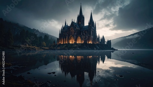 Wallpaper Mural Gothic Castle on Lake at Dusk with Reflection, and Dramatic Sky. Torontodigital.ca