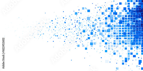 Abstract digital art, a chaotic explosion of small, vibrant blue squares on a black background