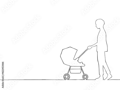 ベビーカーを押す男性（お父さん）のシルエットイラスト