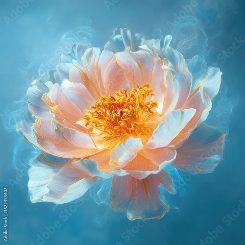 Delicate, luminous peach peony in soft blue smoke