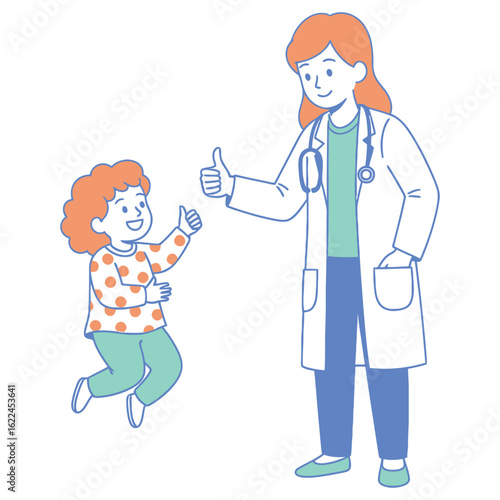 A friendly female doctor and a happy child patient giving a thumbs-up gesture