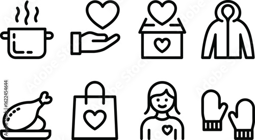 Charity Line Icons Set Pot, Heart, Food, Box, Coat, Donation, Woman & Mittens