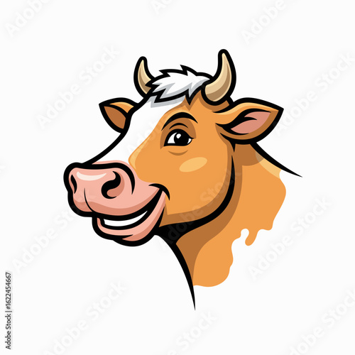 Cheerful happy cow head, a delightful mascot illustration, features a friendly smile and approachable demeanor. This happy cow is ideal as an emblem, logo, or standalone image,